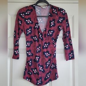 Boden Pink, Red, & Navy Groovy Floral Knit Wrap Top - Size 6